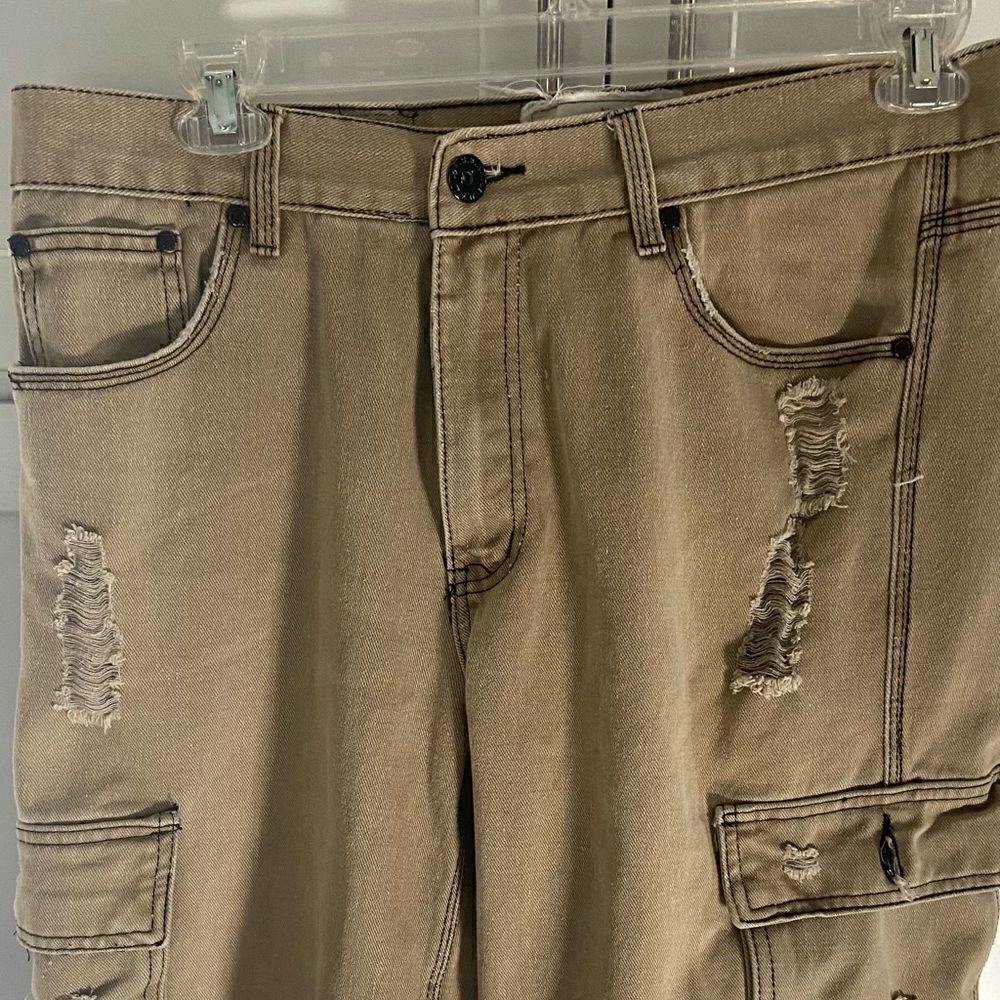 FUSAI Mens Shorts Size 34 Beige Cotton Studded Zipper Heavy Distressed Cargo